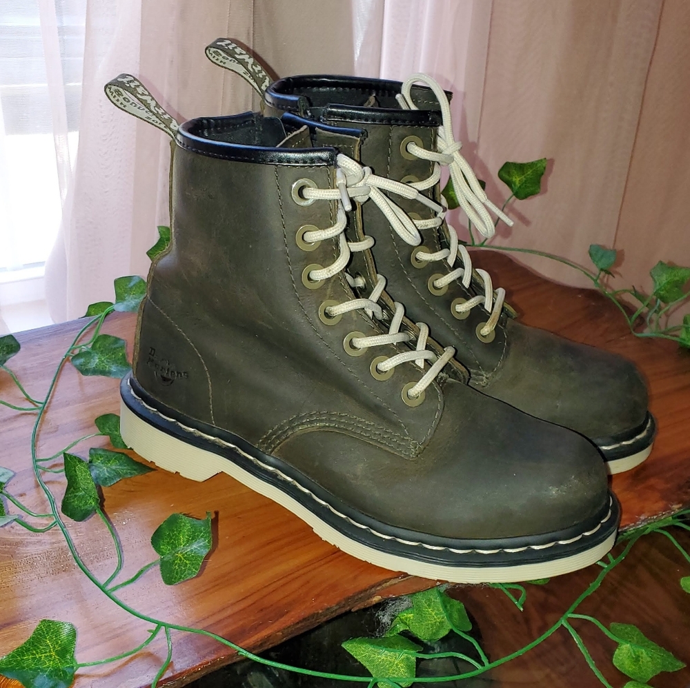 Dr. Martens Women's Steel Toe Olive Leather Boots